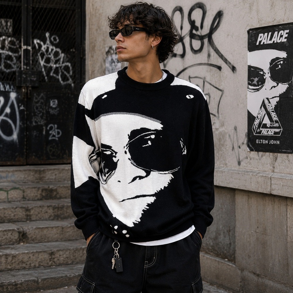 Palace x Elton John Graphic Sweater Sz‎ XL Black White Wool Blend Streetwear